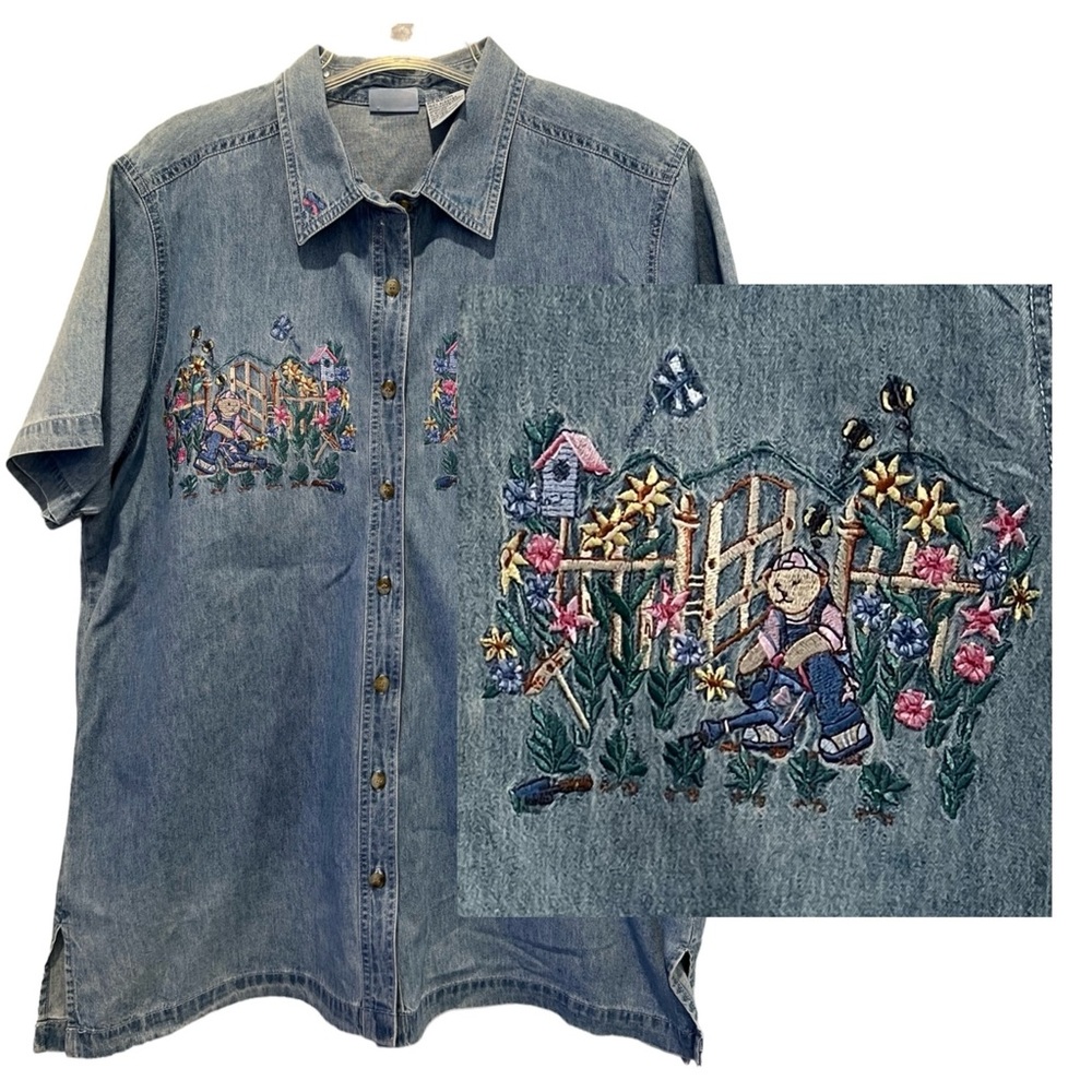 Vintage Denim Shirt Embroidered Teddy Bear Garden Butterfly Short Sleeve Sz 16W